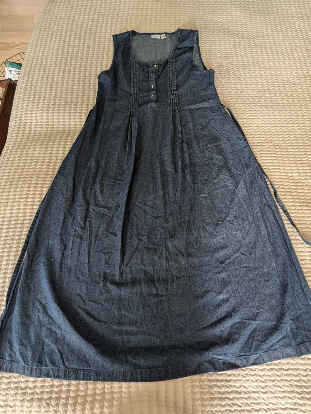 Sleeveless Indigo Denim Maxi Dress with Button Bodice